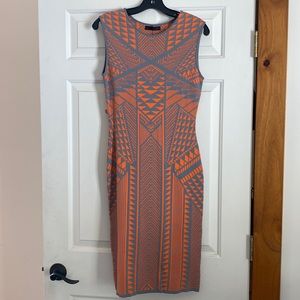 RVN Chewa Flat Jaquard Midi Dress in Orange/Gray, Size Medium